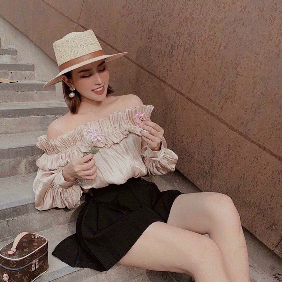 Áo trễ vai áo hở vai tay bồng nữ dài nhún bèo bo chun dài tay phồng vải tơ óng nhũ Korea cực đẹp đủ 4 màu Ảnh thật 100%