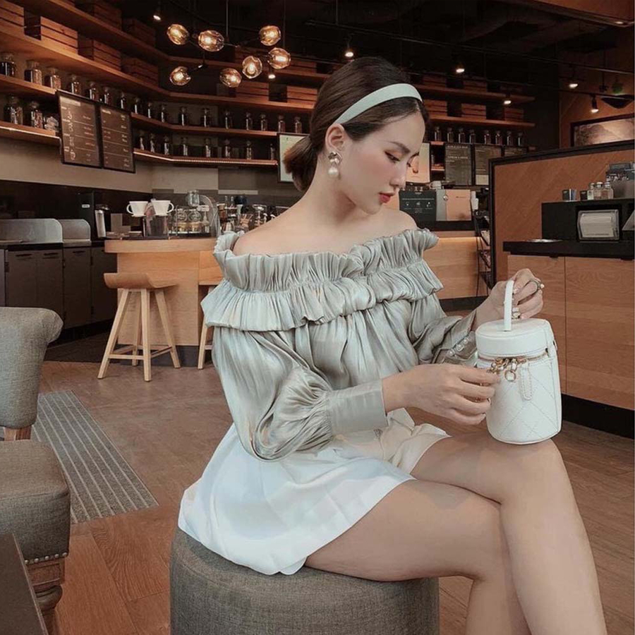 Áo trễ vai áo hở vai tay bồng nữ dài nhún bèo bo chun dài tay phồng vải tơ óng nhũ Korea cực đẹp đủ 4 màu Ảnh thật 100%