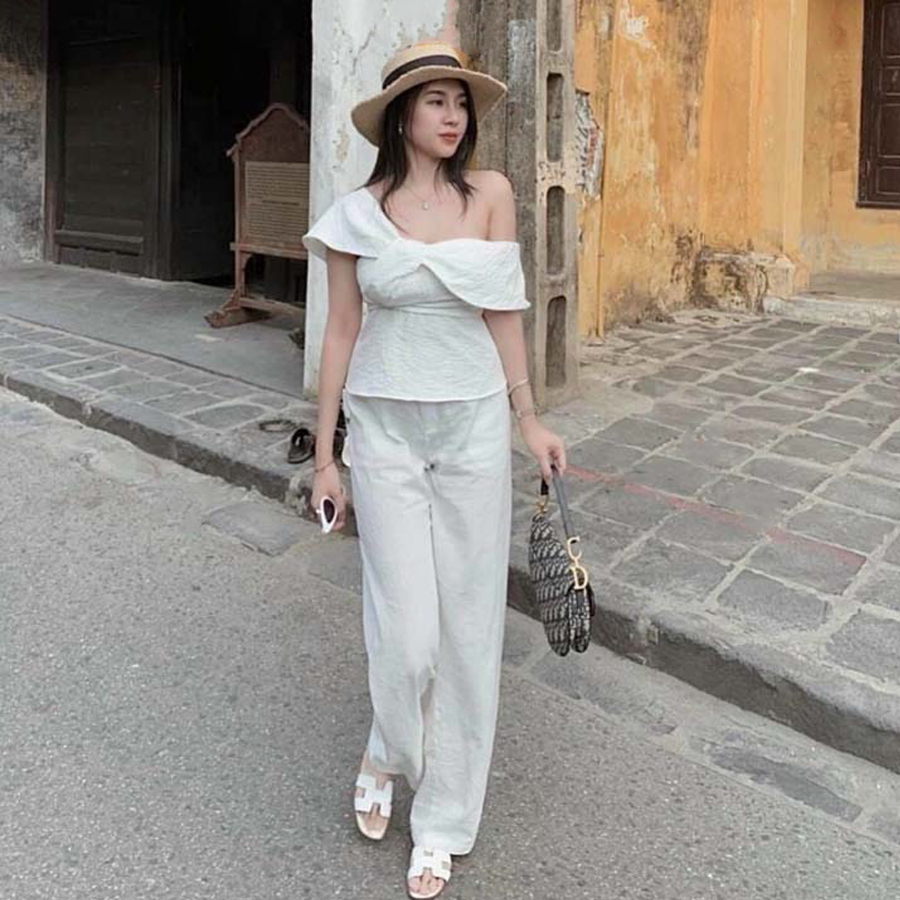 Áo peplum trễ vai nữ trắng ngắn tay nơ ngực đủ size kèm hình thật sản phẩm