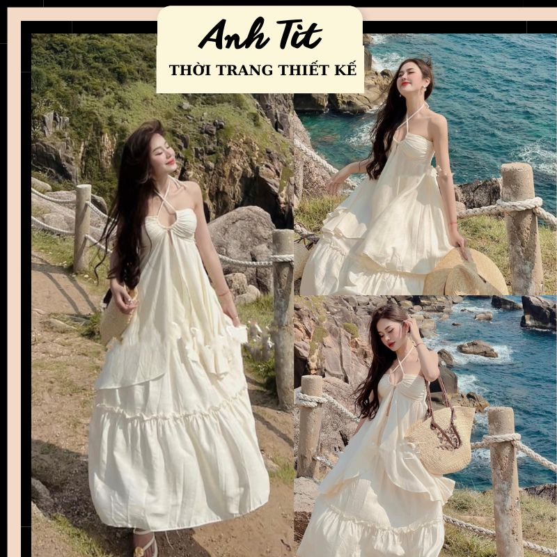 Set Áo Tơ Cổ Yếm Mix Chân Váy Dài Du Lịch Đi Biển, Set Đầm Midi Màu Be Dáng Dài Đi Biển Siêu Xinh - Anh Tít Boutique