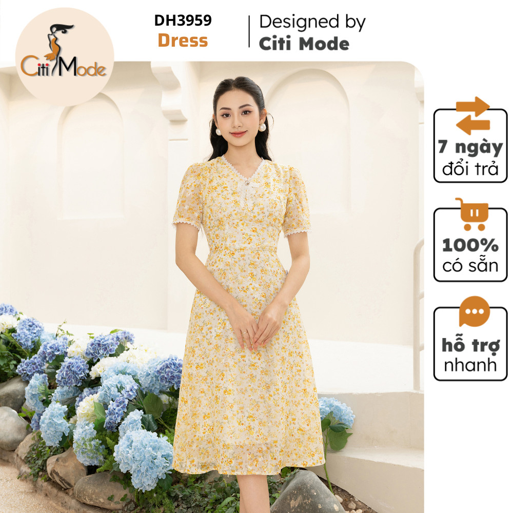 Đầm công sở CITI MODE FASHION thiết kế dáng xoè hoa vàng cổ V phối nơ ren DH3959