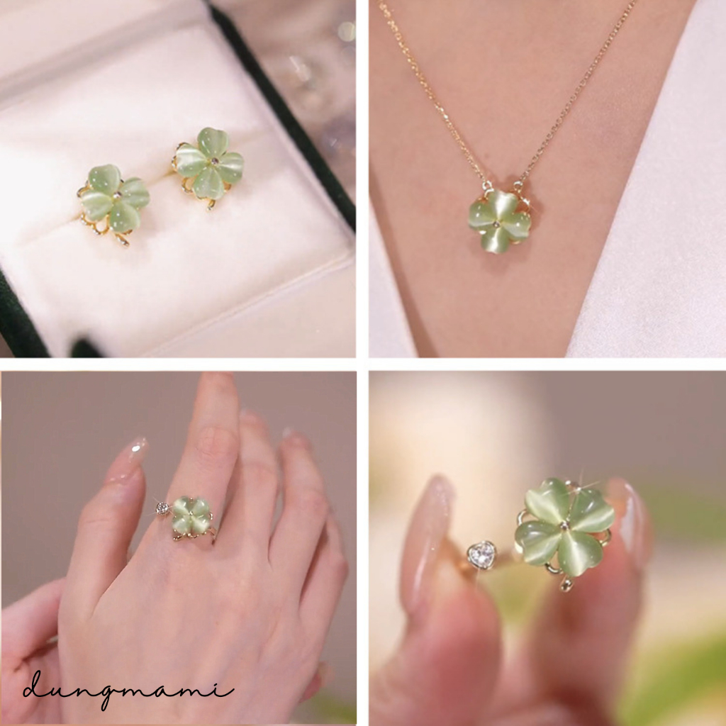 Bộ trang sức cỏ bốn lá xoay may mắn gồm dây chuyền, bông tai, nhẫn chất liệu cao cấp siêu đẹp.