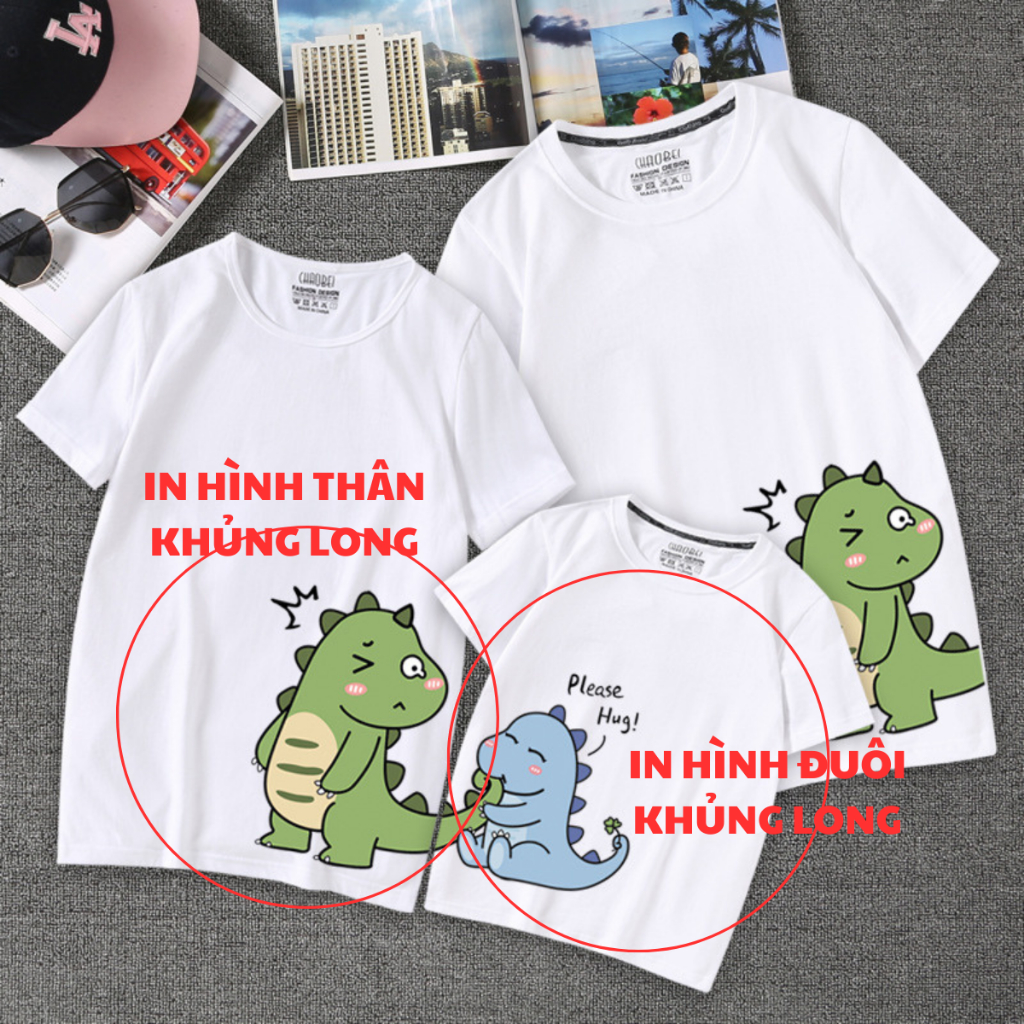 Áo gia đình màu trắng đi biển đi chơi mẫu Khủng Long cắn đuôi cực cute vải cotton thoáng mát, mềm mịn
