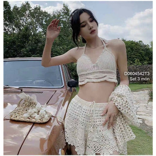 Set đi biển 3 món áo khoác dáng dài áo bra kèm quần short