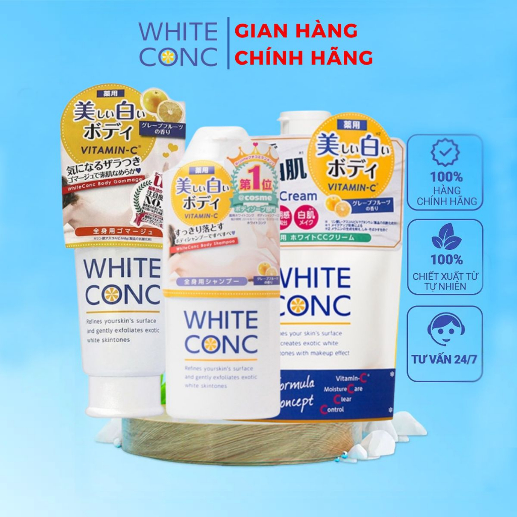 Combo Sữa tắm trắng da White Conc 360ml+ Tẩy tế bào chết White Conc + Kem dưỡng trắng da toàn thân ban ngày White Conc
