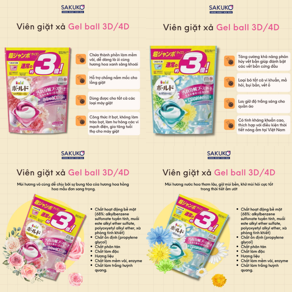 Viên giặt 4D GELBALL P&G SAKUKO 3in1 sạch mạnh mẽ, mềm quần áo, hương hoa tươi mát / ngọt ngào 11&39 viên nội địa Nhật