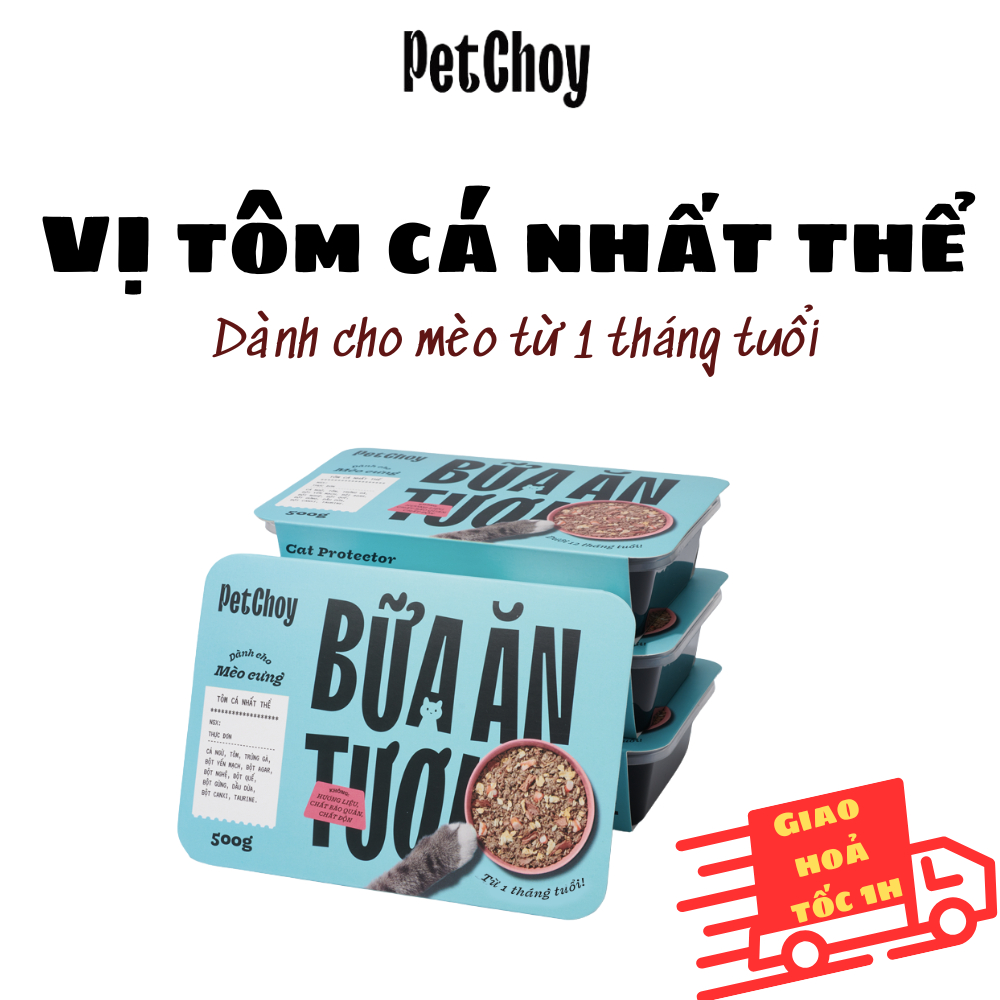 Pate tươi PETCHOY cho mèo từ 1 tháng tuổi vị "TÔM CÁ NHẤT THỂ" 500gram