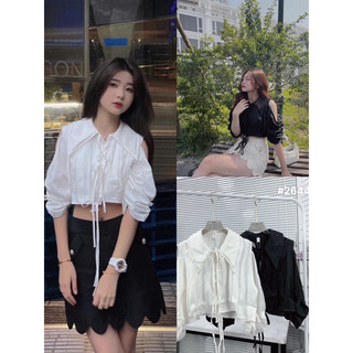Áo sơ mi croptop hở vai rút dây thắt nơ