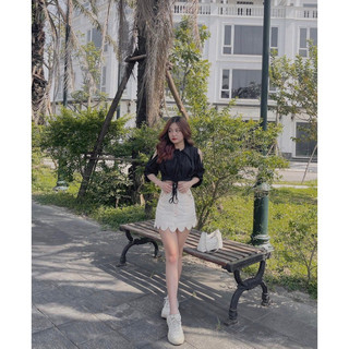 Áo sơ mi croptop hở vai rút dây thắt nơ