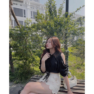 Áo sơ mi croptop hở vai rút dây thắt nơ