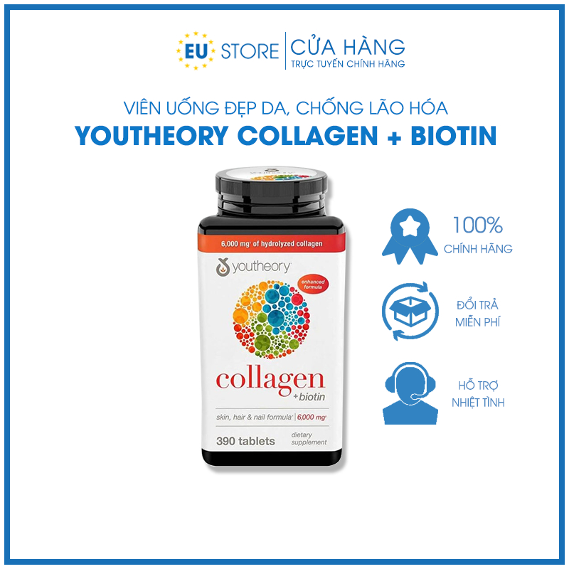 Viên uống bổ sung Collagen Youtheory + Biotin 390 viên của Mỹ làm đẹp da, mờ sạm nám, ngừa lão hóa