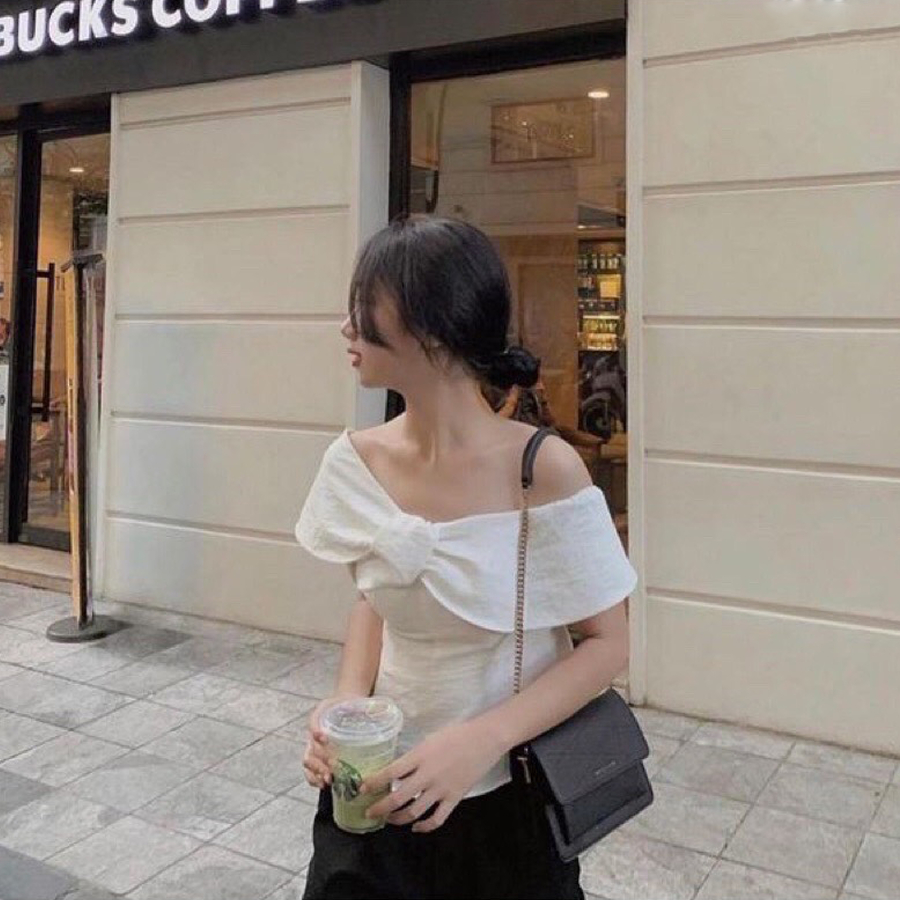 Áo peplum trễ vai nữ trắng ngắn tay nơ ngực đủ size kèm hình thật sản phẩm