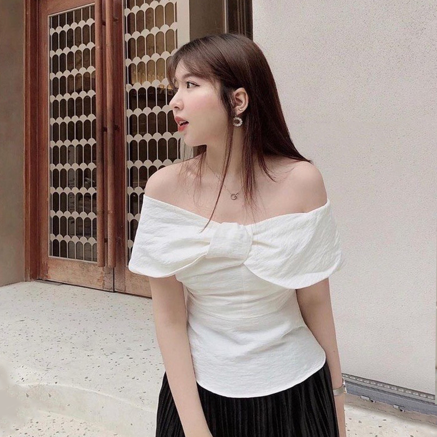 Áo peplum trễ vai nữ trắng ngắn tay nơ ngực đủ size kèm hình thật sản phẩm