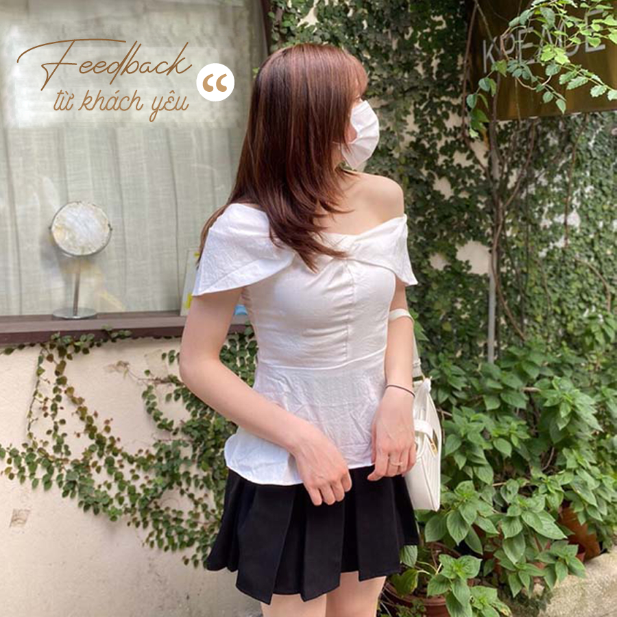 Áo peplum trễ vai nữ trắng ngắn tay nơ ngực đủ size kèm hình thật sản phẩm