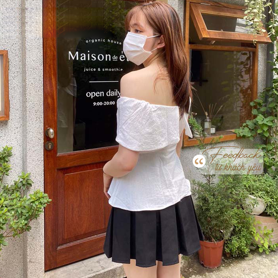 Áo peplum trễ vai nữ trắng ngắn tay nơ ngực đủ size kèm hình thật sản phẩm