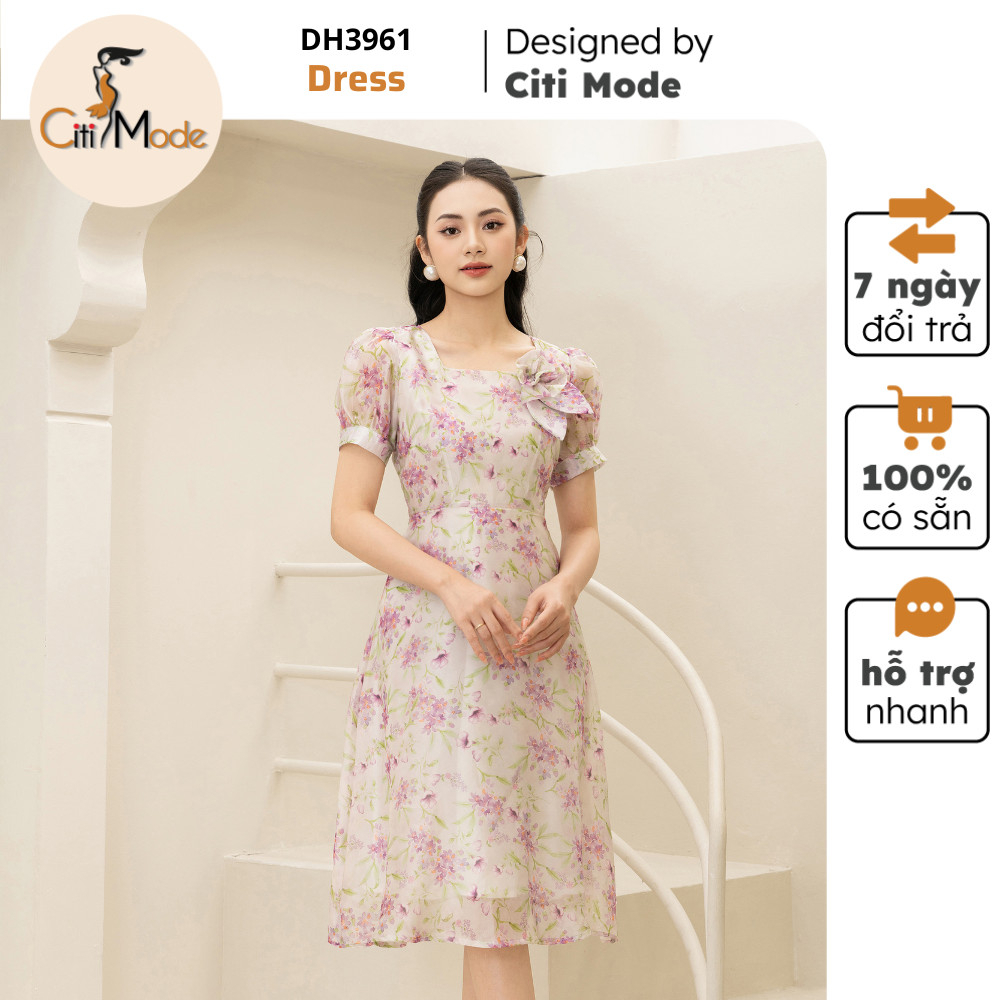 Đầm công sở CITI MODE FASHION thiết kế dáng xoè hoa hồng cổ vuông phối hoa DH3961