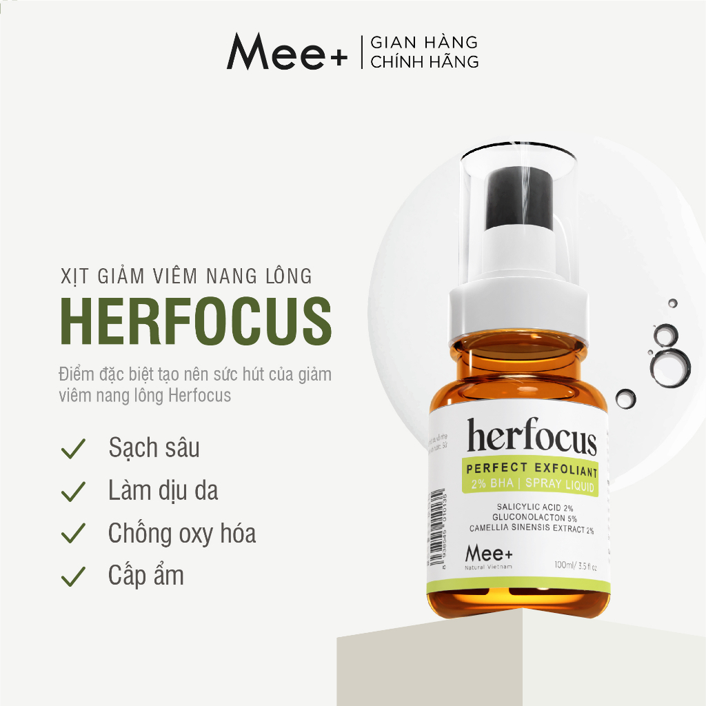 Xịt viêm lỗ chân lông, liệu trình viêm nang lông Herfocus gồm 1 sữa tắm thảo mộc 500ml + 1 xịt viêm nang lông Mee Natura