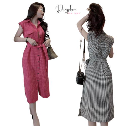 Váy sơ mi kẻ caro tay hến dáng dài túi ngực kèm đai - Dungpham.Boutique