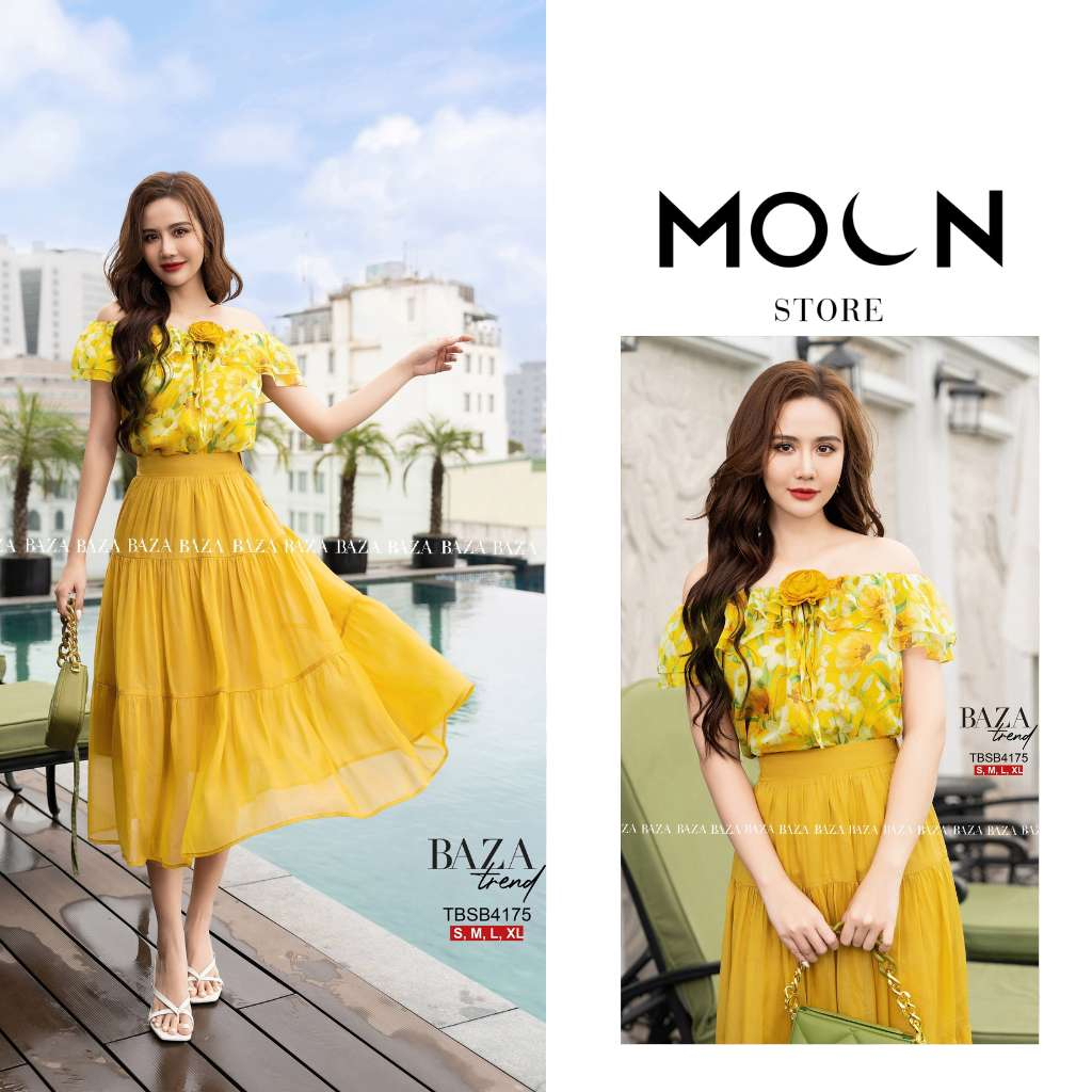 Áo trễ vai chân váy công sở bán lẻ, đầm xòe thiết kế thắt eo dáng dài sang chảnh chất tơ TBSB4175