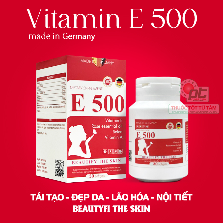 Vitamin e đỏ 500mg, glutathione E 500 đỏ nhập khẩu chính hãng Đức - đẹp da, chống lão hóa, tăng cường nội tiết tố nữ