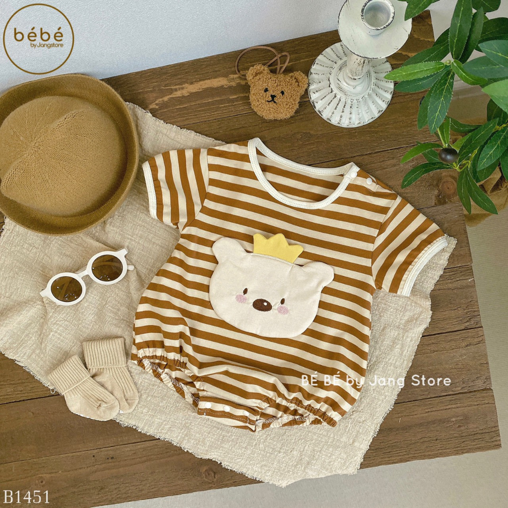 Body cotton kẻ nâu mặt gấu vương miện dễ thương cho bé B1451