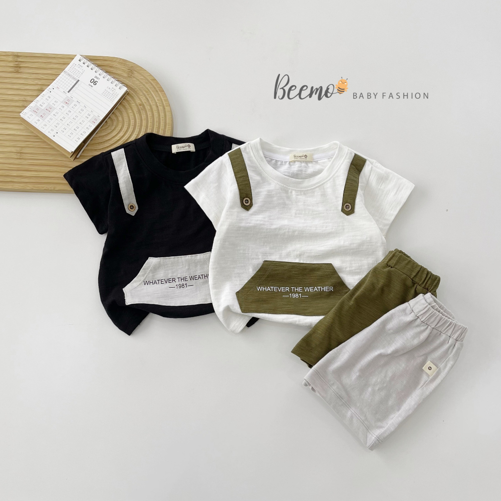 Set bộ quần áo Beemo phối đai, túi may liền độc đáo mặc hè vải cotton xược thấm hút mồ hôi cho bé 1 - 7 tuổi 22357B