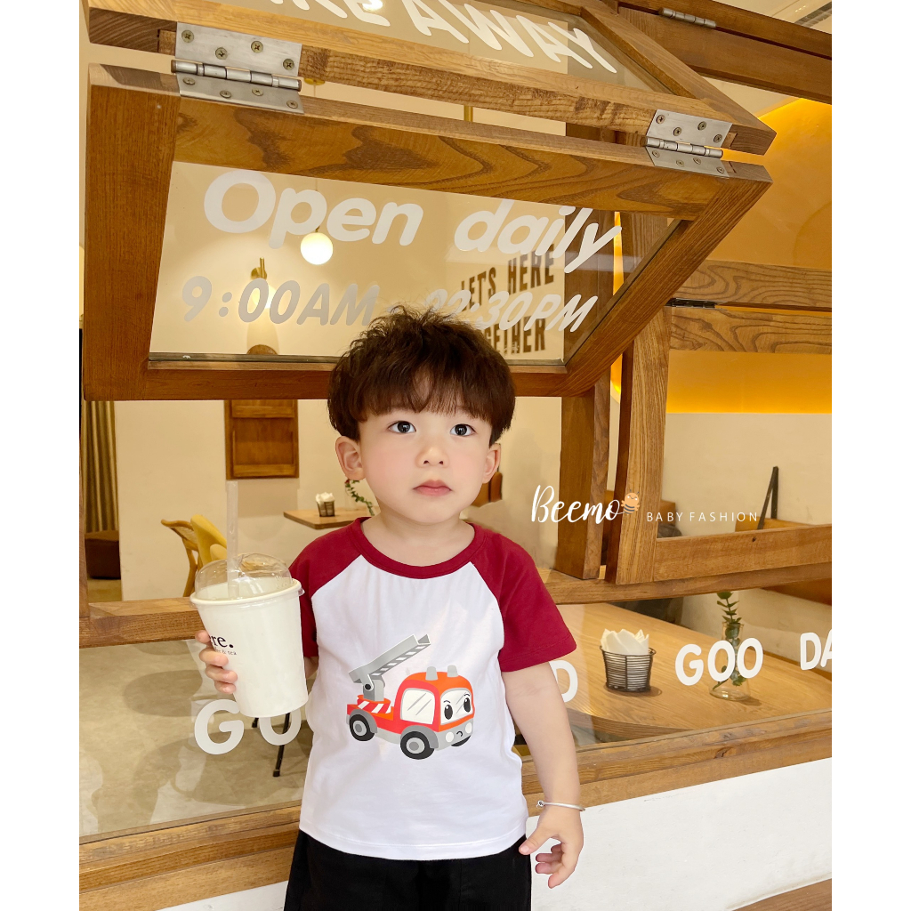 Áo phông Beemo cộc tay raglan in hình những chiếc xe trong thành phố vải cotton thoáng mát cho bé từ 1 - 7 tuổi 23241A