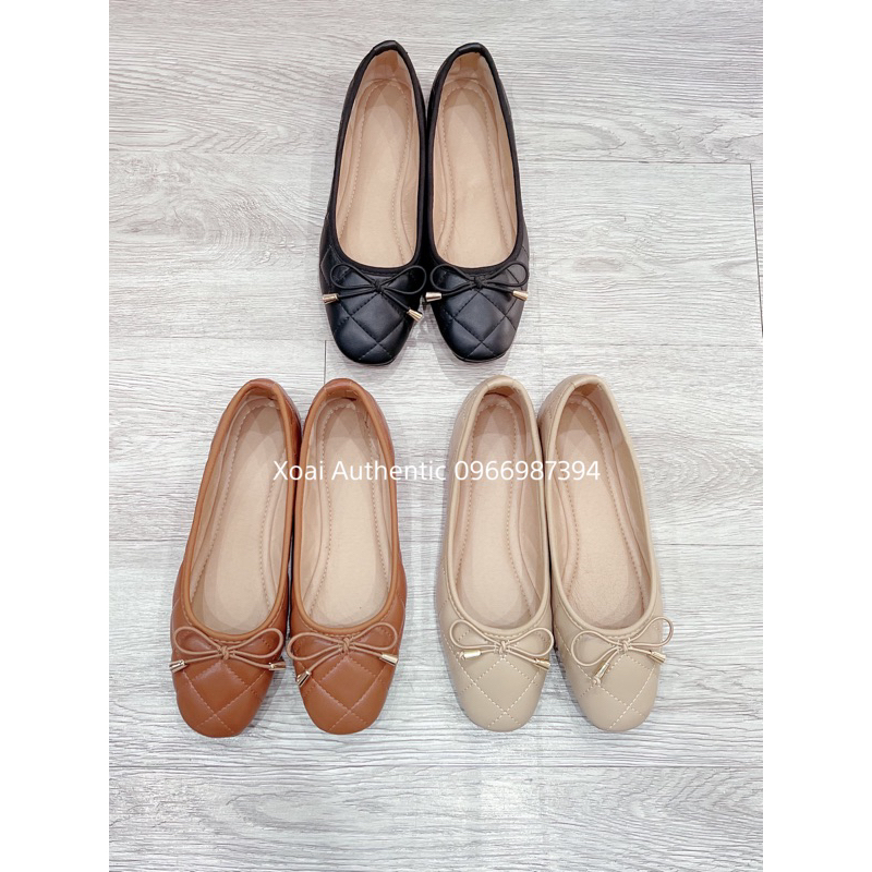 Giày búp bê bệt trám chần bông đính nơ nữ