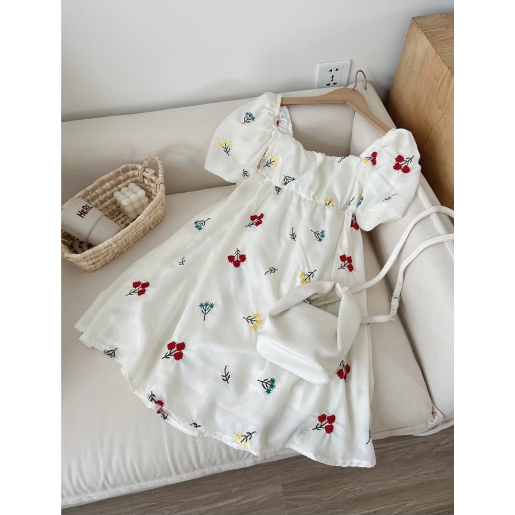 Váy Babydoll - Đầm Hoa Nhí Tay Bồng Công Chúa Tiểu Thư Dáng Xòe Chất Đũi Quảng Châu Mềm Mát QIQUEN075