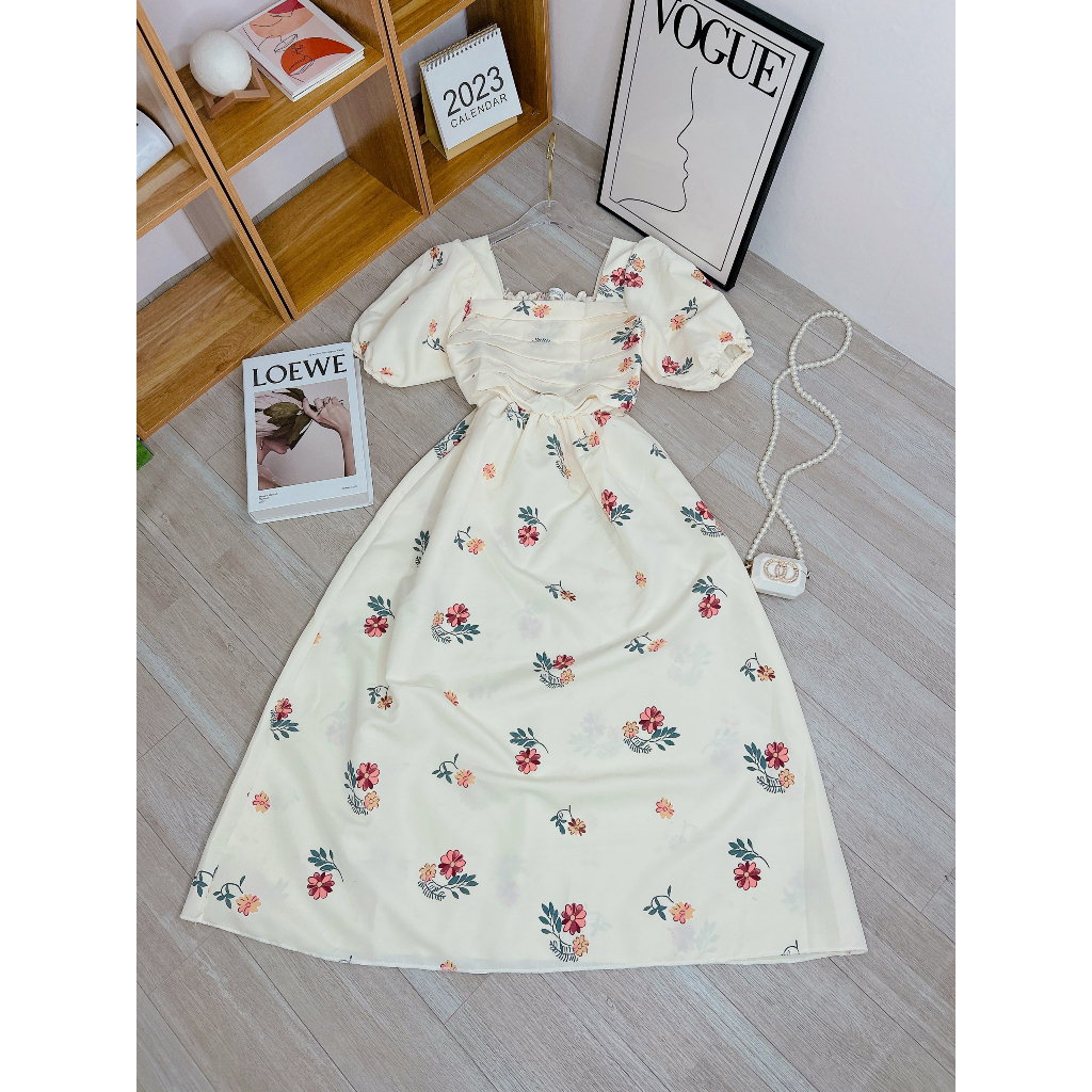 Váy Babydoll - Đầm Hoa Nhí Tay Bồng Công Chúa Tiểu Thư Dáng Xòe Chất Đũi Quảng Châu Mềm Mát QIQUEN075