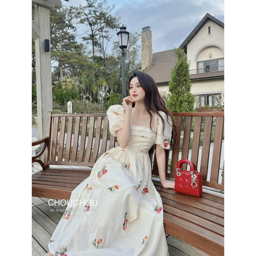 Váy Babydoll - Đầm Hoa Nhí Tay Bồng Công Chúa Tiểu Thư Dáng Xòe Chất Đũi Quảng Châu Mềm Mát QIQUEN075