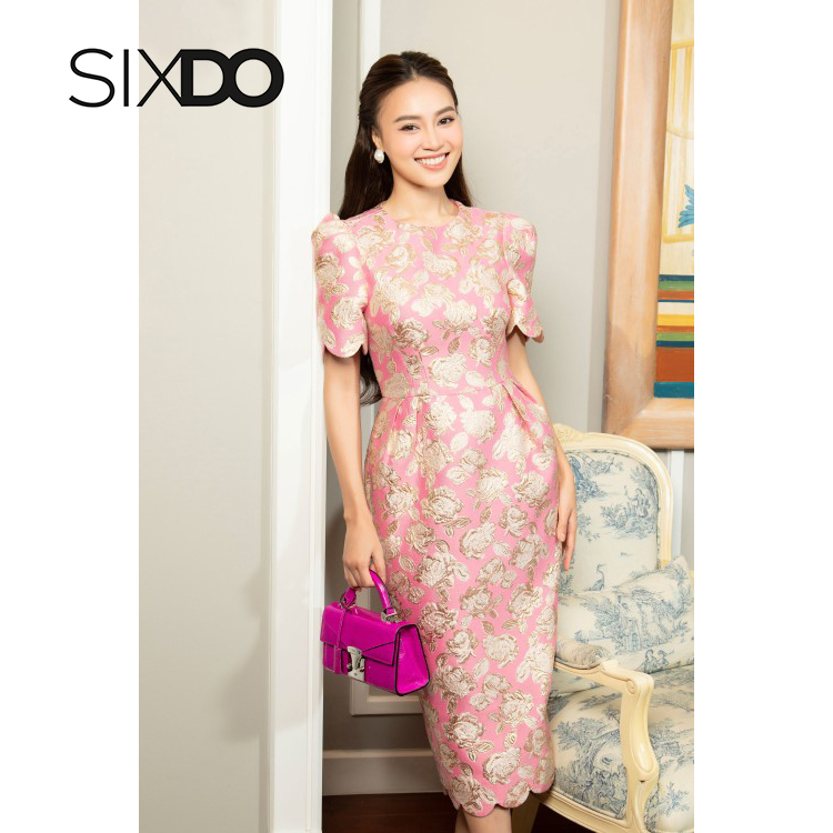 Đầm gấm dáng bút chì tay phồng SIXDO (Round Neck Midi Brocade Dress)