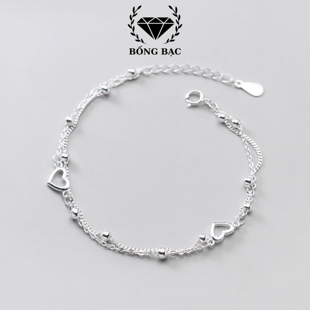 Lắc tay nữ hai dây dạng sợi mảnh đính mặt tim phối hạt bạc chất liệu bạc Ý VT1010