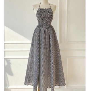  Đầm caro midi nhún thun cổ yếm trẻ trung xinh xắn