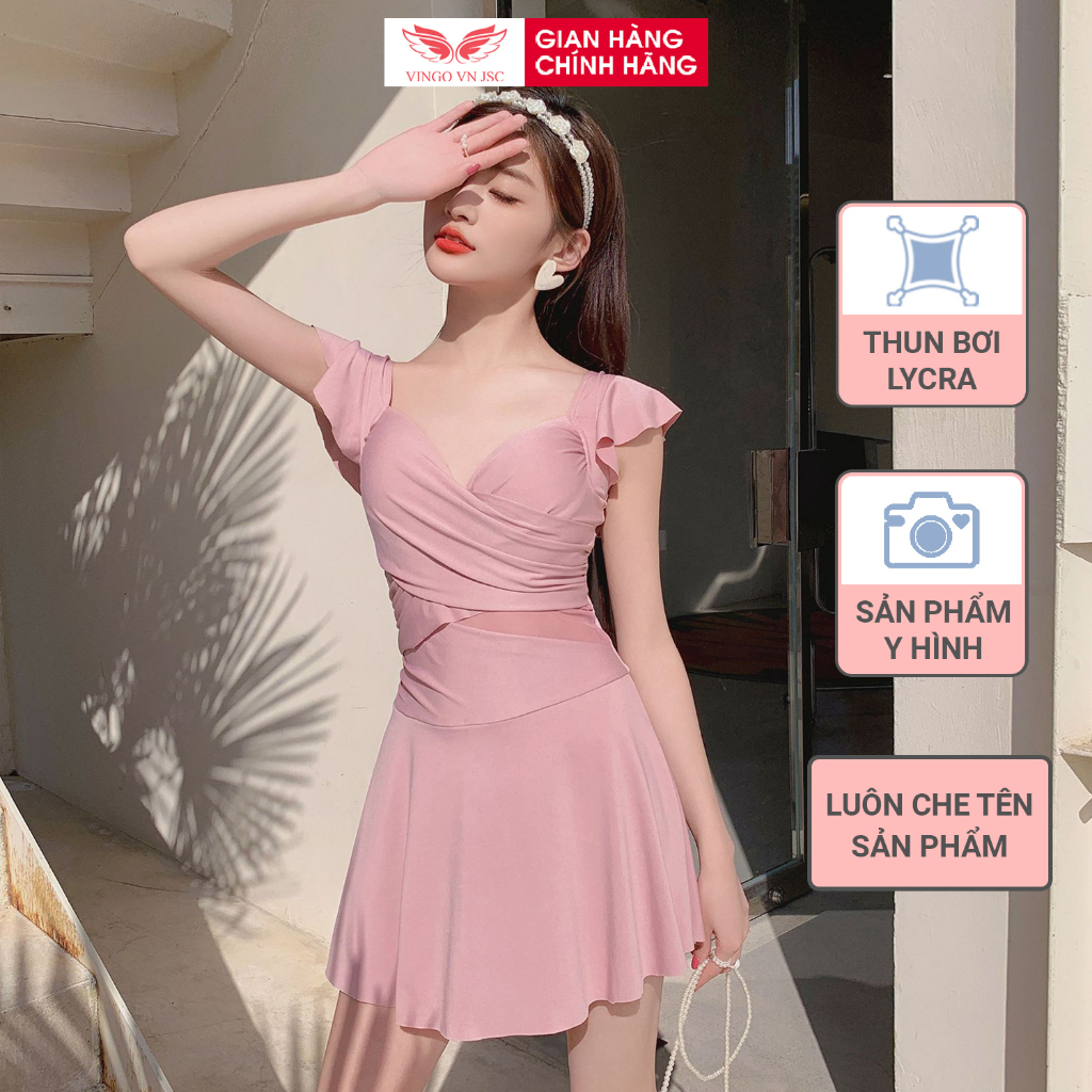 Set đồ bơi bikini liền thân chất thun Lycra VINGO tay bèo váy xếp ly liền quần mặc đi biển màu hè B214 VNGO