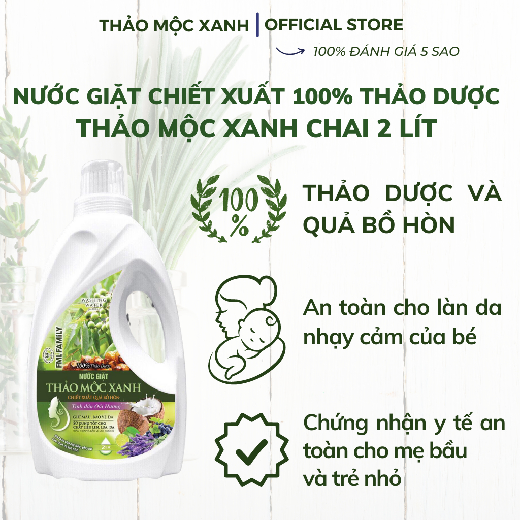 Nước giặt Thảo Mộc Xanh chiết xuất 100% từ quả bồ hòn và các dược liệu tinh dầu thiên nhiên an toàn. Chai 2 lít