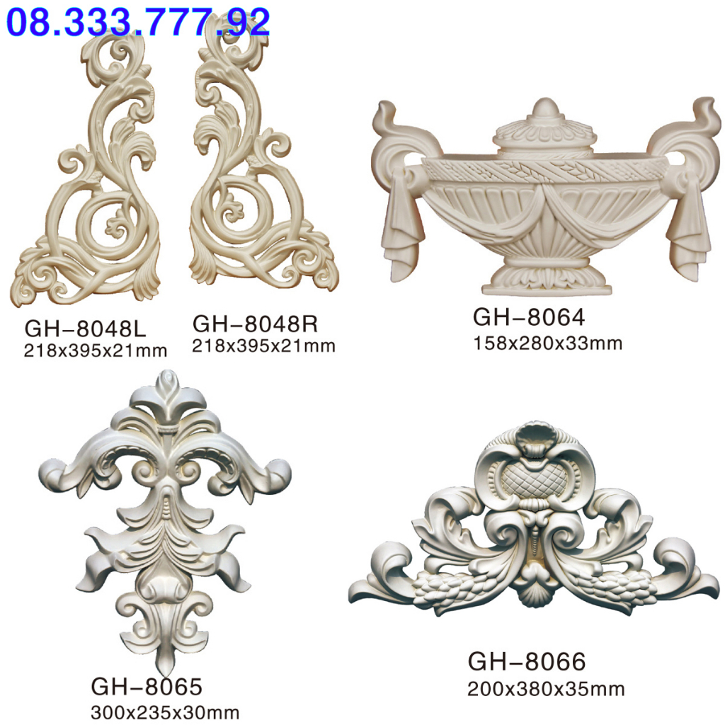 Phù điêu, họa tiết hoa góc cạnh trang trí trần, tưởng, chất liệu PU siêu bền, mã GH 8048 L/R, 8064, 8065, 8066