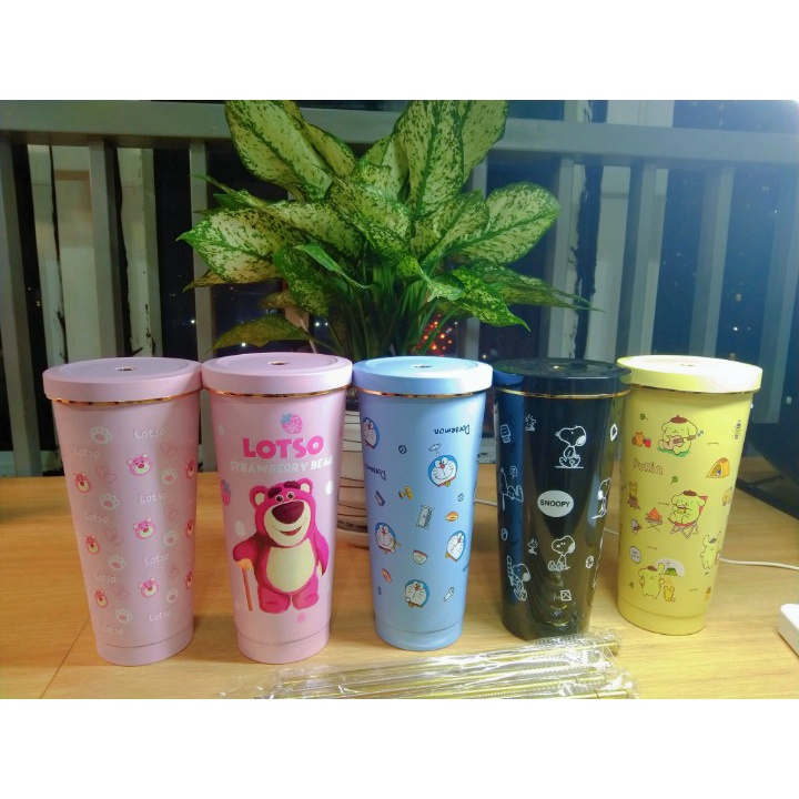 Ly giữ nhiệt dễ thương 750ml, bình giữ nhiệt dâu gấu, cốc giữ nhiệt nóng lạnh kèm ống hút
