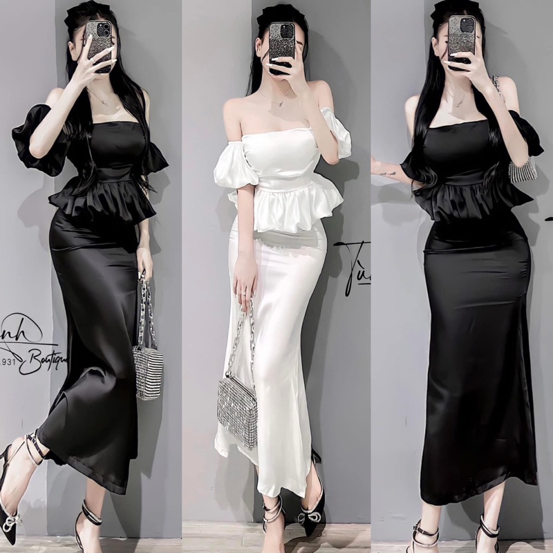 Set Đầm Phi Lụa Bóng Đuôi Cá + Áo Cúp Croptop Bí Có Mút Ngực Trễ Vai