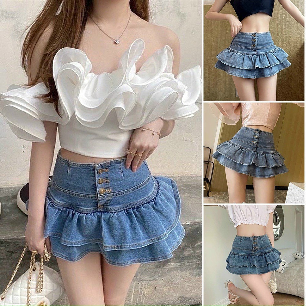 Chân váy jean xanh vnxk xòe tầng lưng nút chuẩn dáng