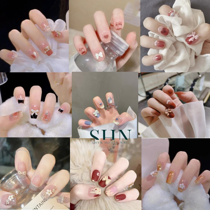 Móng tay giả ngắn đính đá, Nail xinh, Nail box ngắn vuông, móng giả đính nơ