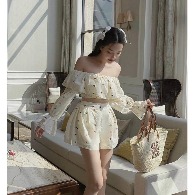SET ÁO BẸT VAI PHỐI REN HOA + SHORT LƯNG CAO 2M