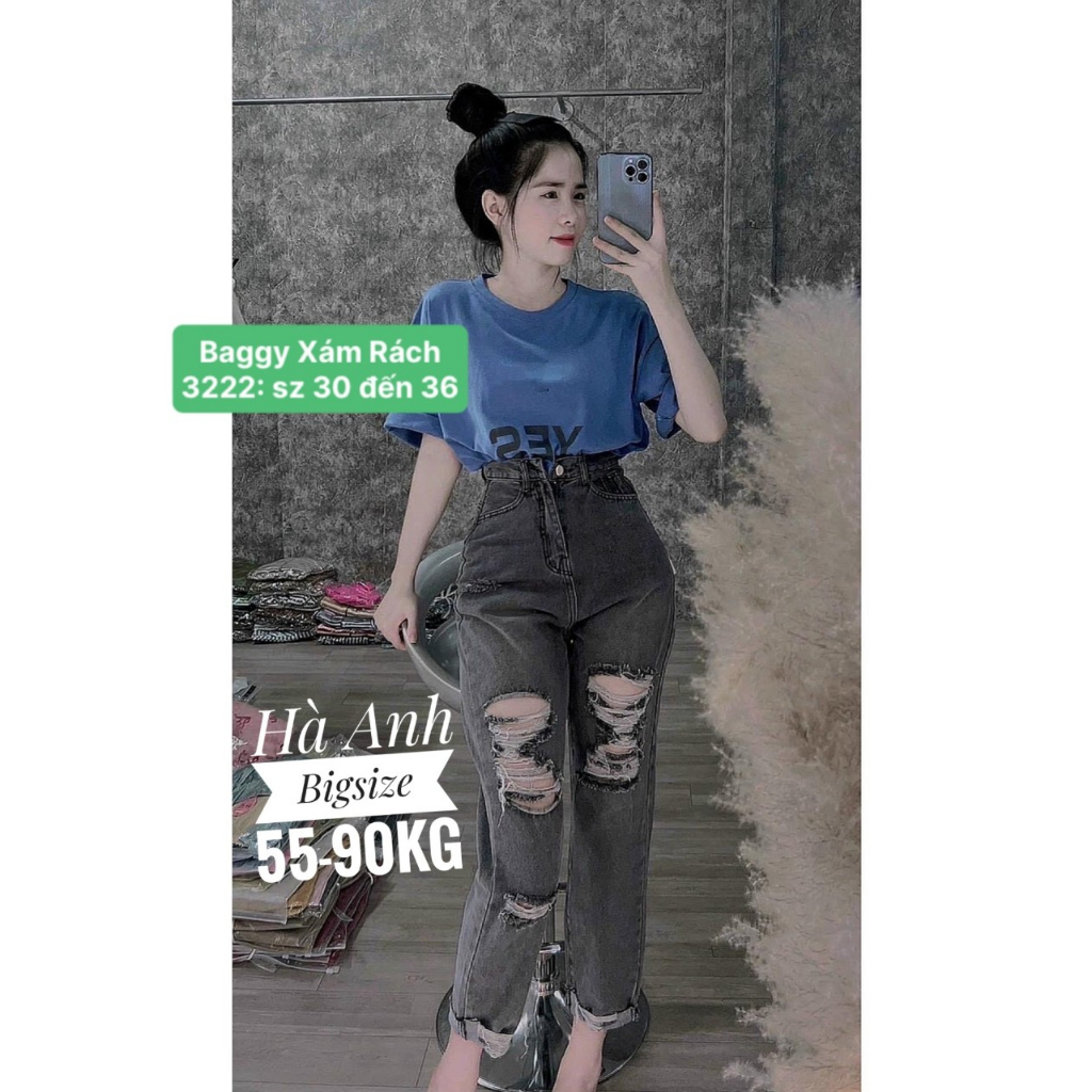 Quần Baggy Jeans Boyfriend - Lưng Siêu Cao, Không Giãn, Xám Rách 3222