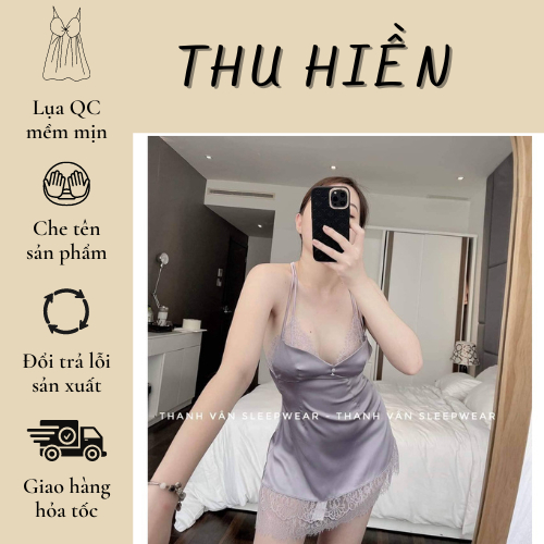Váy ngủ lụa - đầm 2 dây tiểu thư nút bọc vải sexy - đồ ngủ mặc nhà sexy quảng châu cao cấp - có mút lót