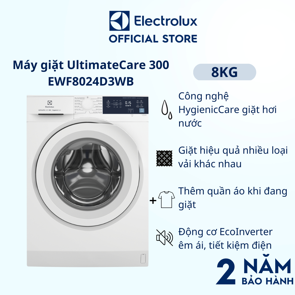 Máy giặt cửa trước Electrolux 8kg UltimateCare 300 - EWF8024D3WB-Giặt hơi nước diệt khuẩn