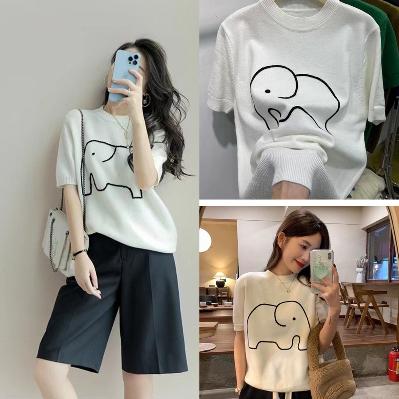 (HÀNG SẴN) Áo len Mongtoghi mỏng cổ tròn họa tiết con voi - Áo len cổ tròn tay ngắn, có thể mặc hè thoải mái