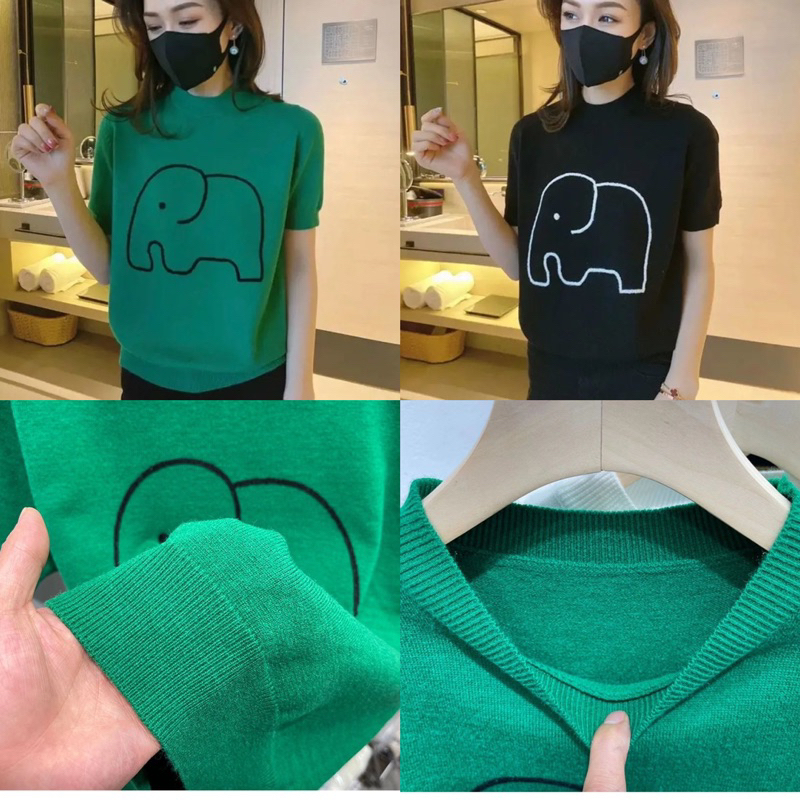 (HÀNG SẴN) Áo len Mongtoghi mỏng cổ tròn họa tiết con voi - Áo len cổ tròn tay ngắn, có thể mặc hè thoải mái