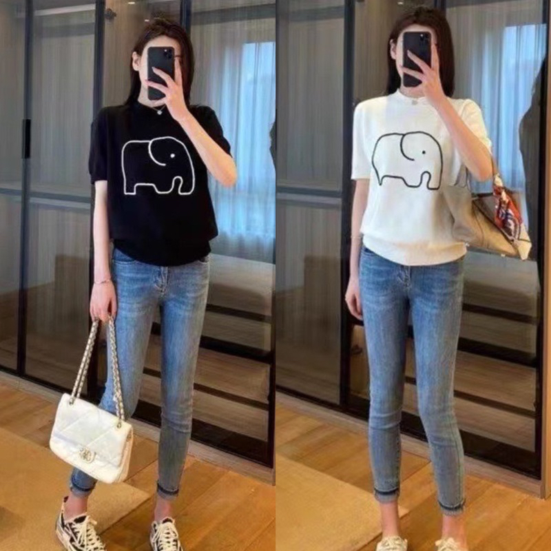 (HÀNG SẴN) Áo len Mongtoghi mỏng cổ tròn họa tiết con voi - Áo len cổ tròn tay ngắn, có thể mặc hè thoải mái