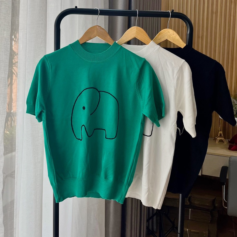 (HÀNG SẴN) Áo len Mongtoghi mỏng cổ tròn họa tiết con voi - Áo len cổ tròn tay ngắn, có thể mặc hè thoải mái