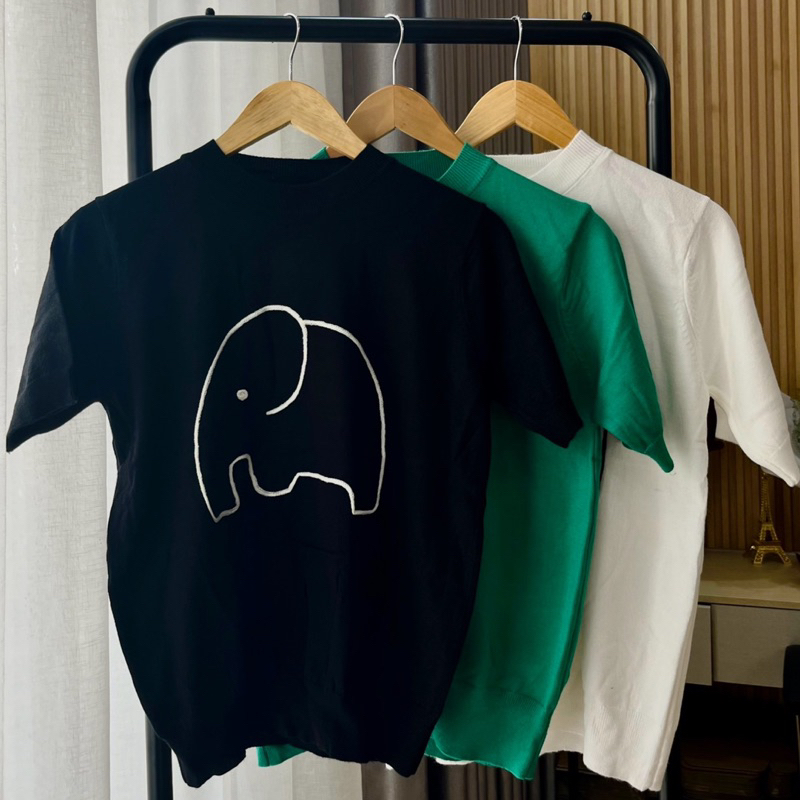 (HÀNG SẴN) Áo len Mongtoghi mỏng cổ tròn họa tiết con voi - Áo len cổ tròn tay ngắn, có thể mặc hè thoải mái